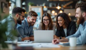 A photograph of a diverse group of professionals engaged in a lively discussion around a laptop